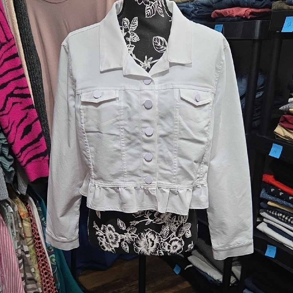 Calvin Klein White Jean Jacket with Ruffle Hem